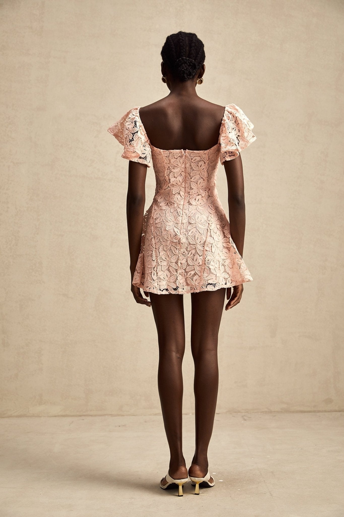 Diana Mini Dress - Lace Overlay - Sweetheart Neckline - Flutter Sleeves - Open Back - Flared Skirt