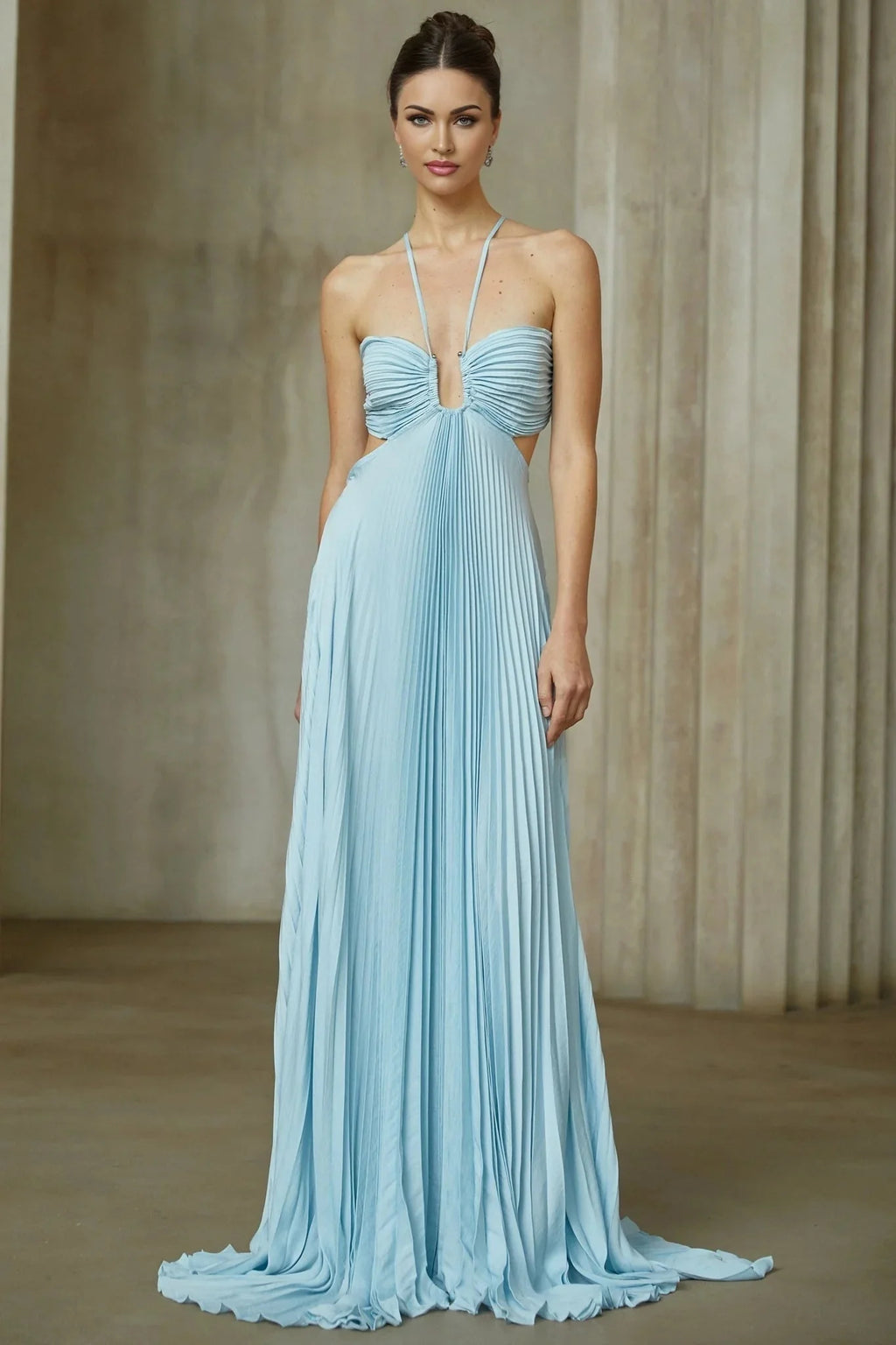 Diletta Maxi Dress Blue Pleated Cut - Out Halter - neck Train & Zip Detail