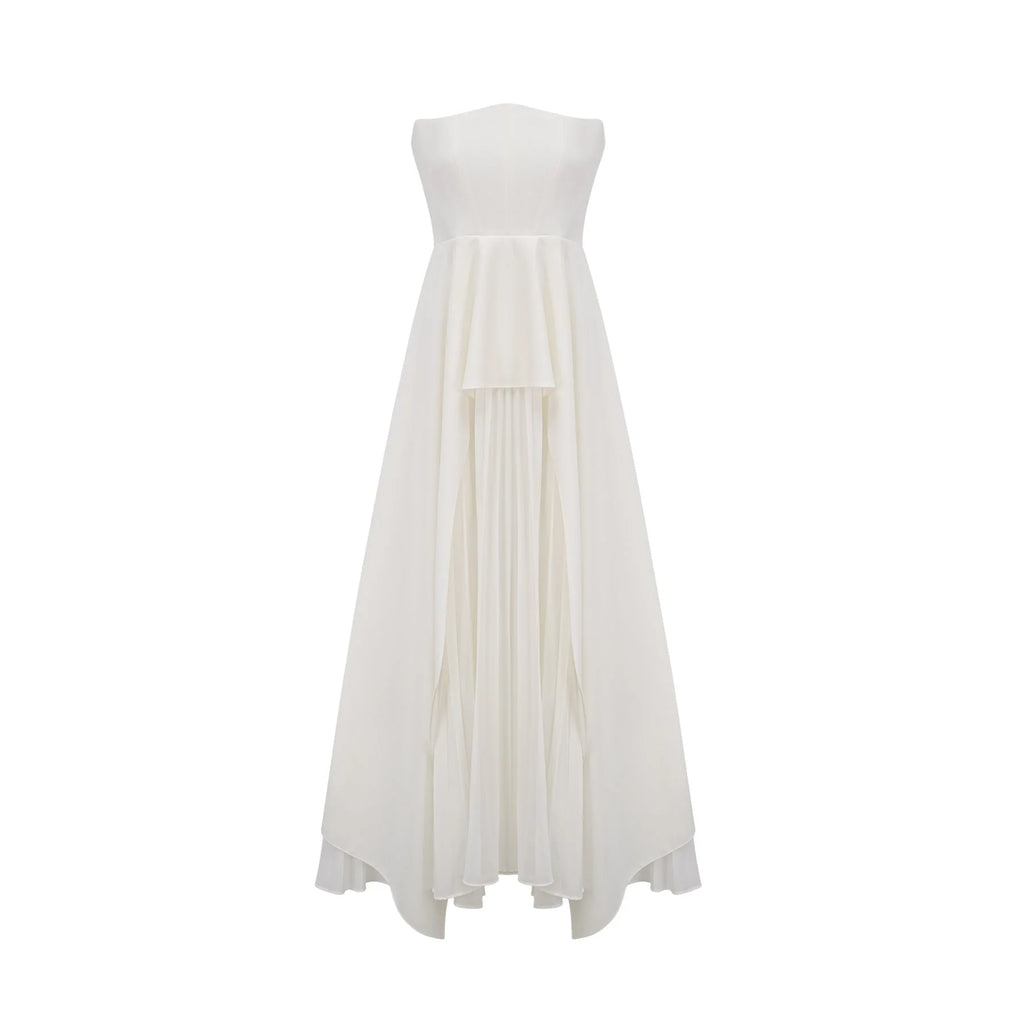 Diletta Maxi Dress - Strapless Sleeveless Design - Off - The - Shoulder Style - Pleated with Ruffled - Cut Trim - Rear Zip Fastening