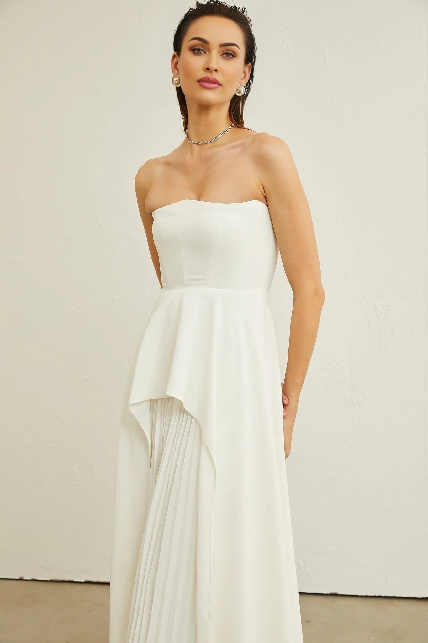 Diletta Maxi Dress - Strapless Sleeveless Design - Off - The - Shoulder Style - Pleated with Ruffled - Cut Trim - Rear Zip Fastening