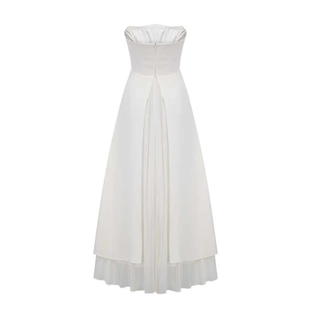 Diletta Maxi Dress - Strapless Sleeveless Design - Off - The - Shoulder Style - Pleated with Ruffled - Cut Trim - Rear Zip Fastening