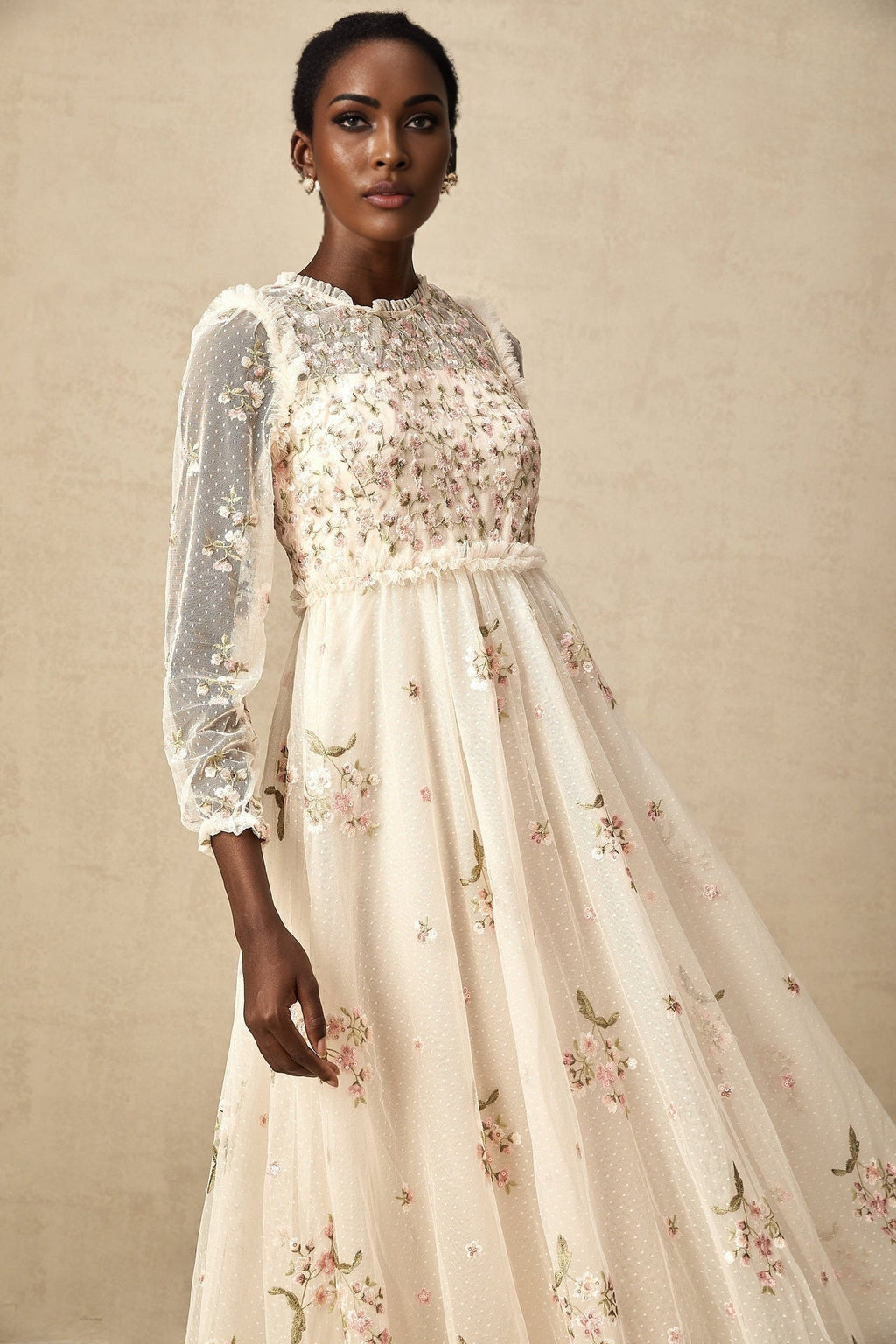 Diletta Midi Dress – Tulle – Floral Embroidery – Ruffle Detailing