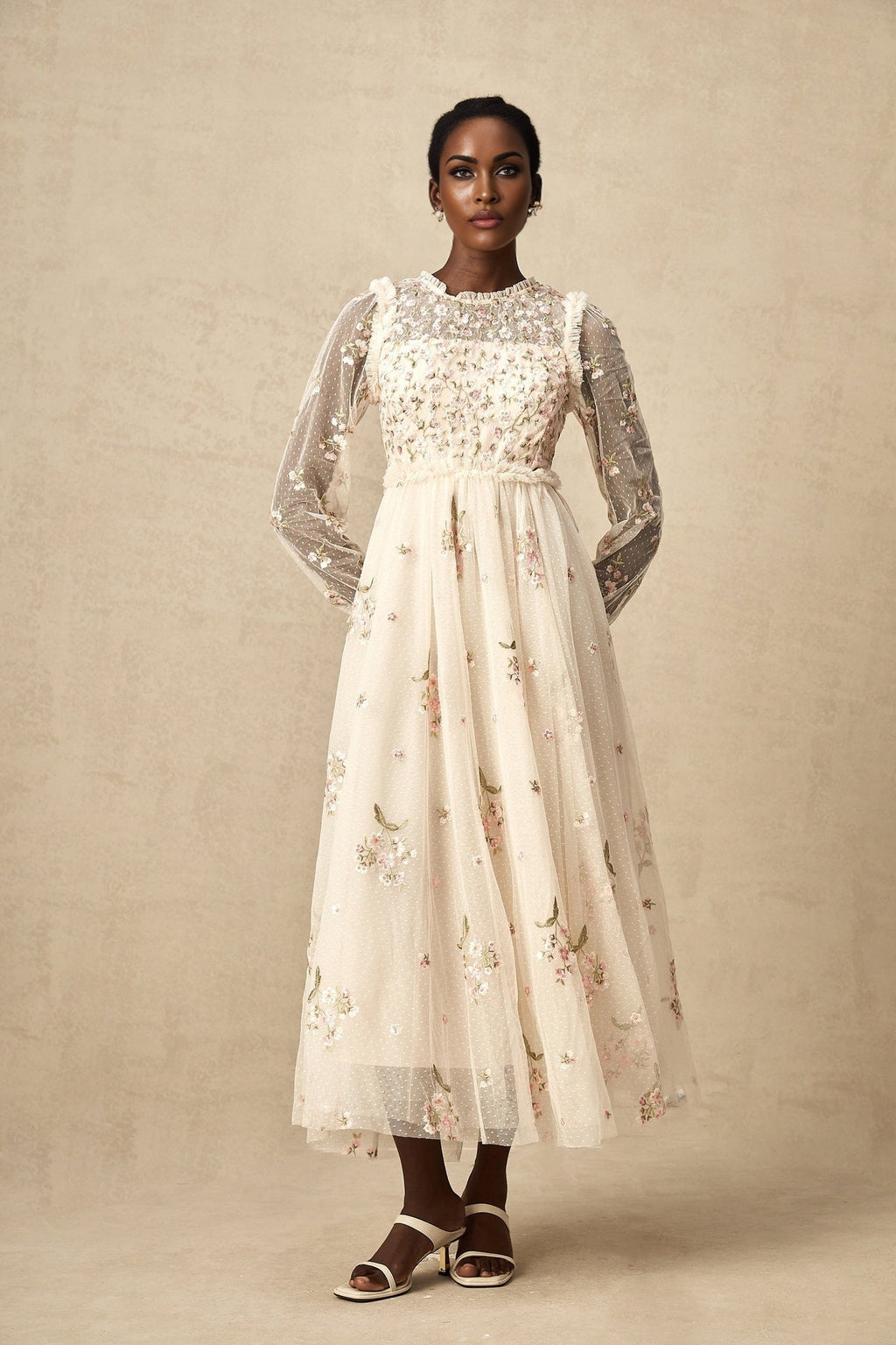 Diletta Midi Dress – Tulle – Floral Embroidery – Ruffle Detailing