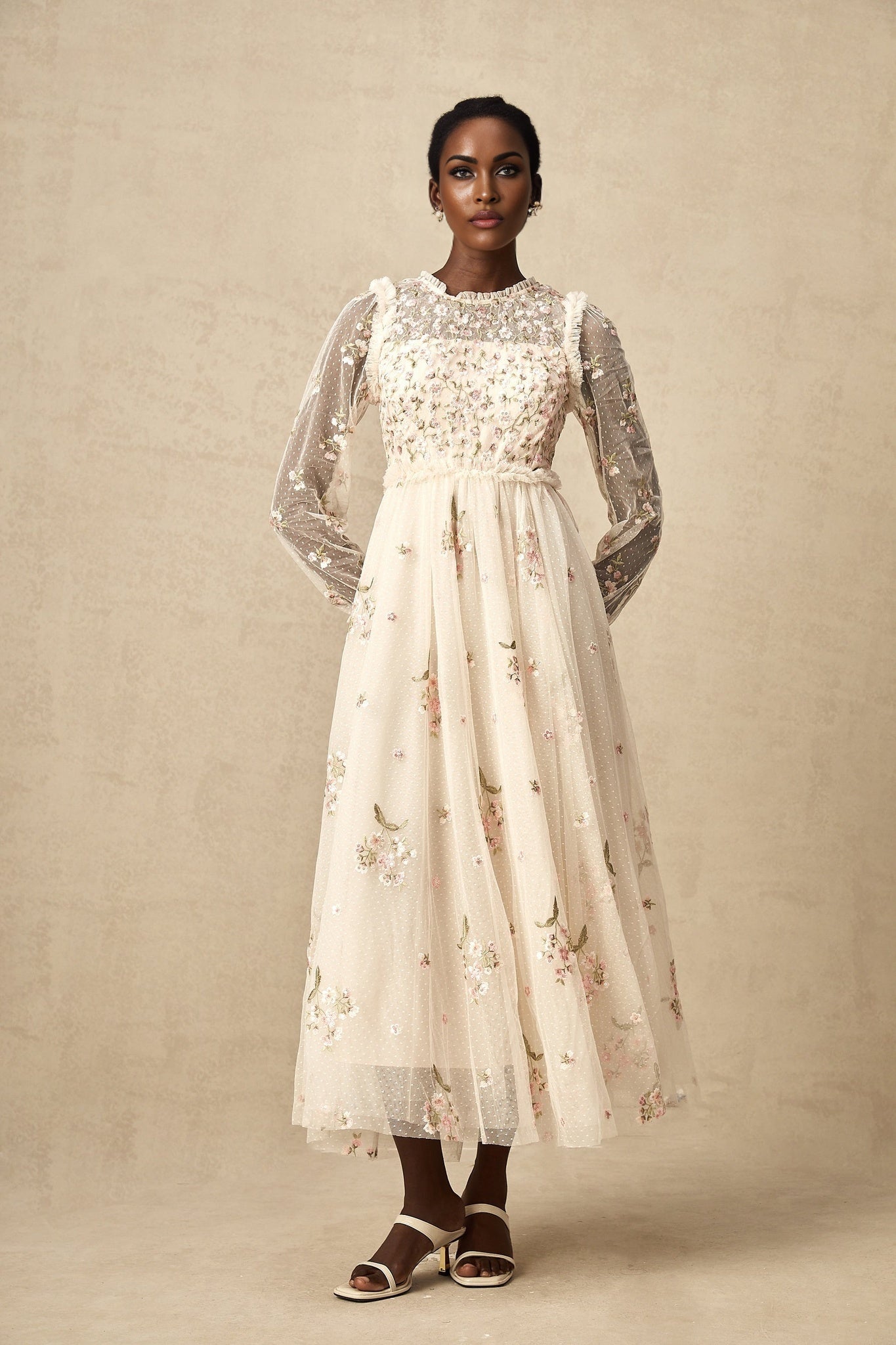 Diletta Midi Dress – Tulle – Floral Embroidery – Ruffle Detailing
