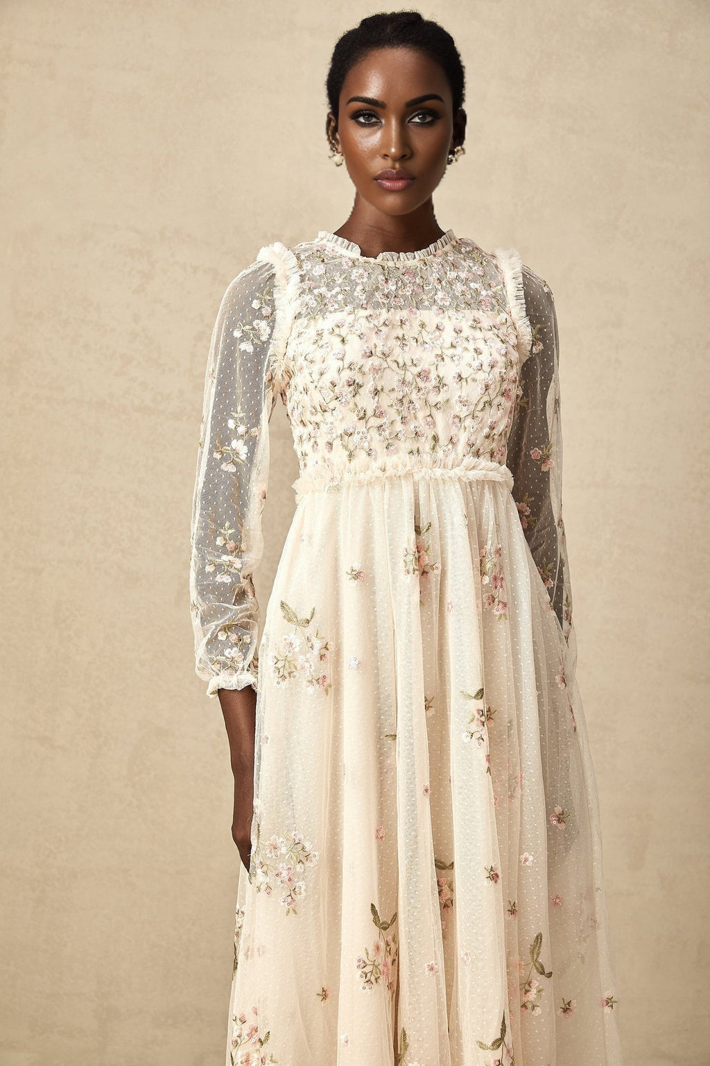Diletta Midi Dress – Tulle – Floral Embroidery – Ruffle Detailing