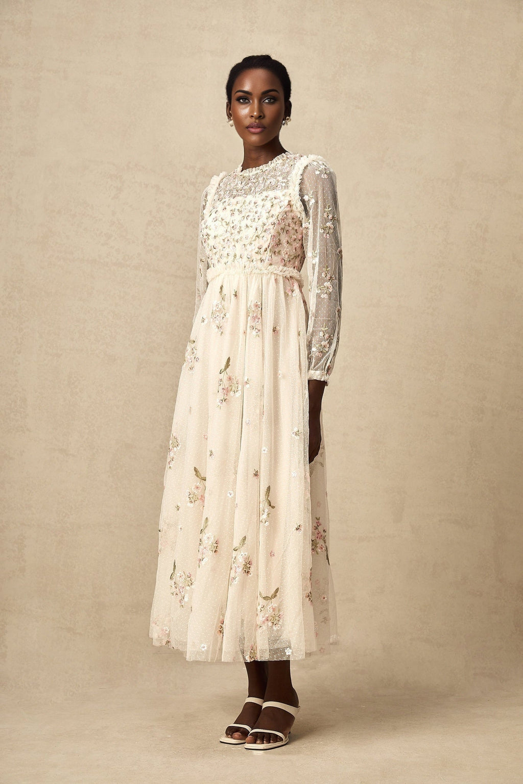 Diletta Midi Dress – Tulle – Floral Embroidery – Ruffle Detailing