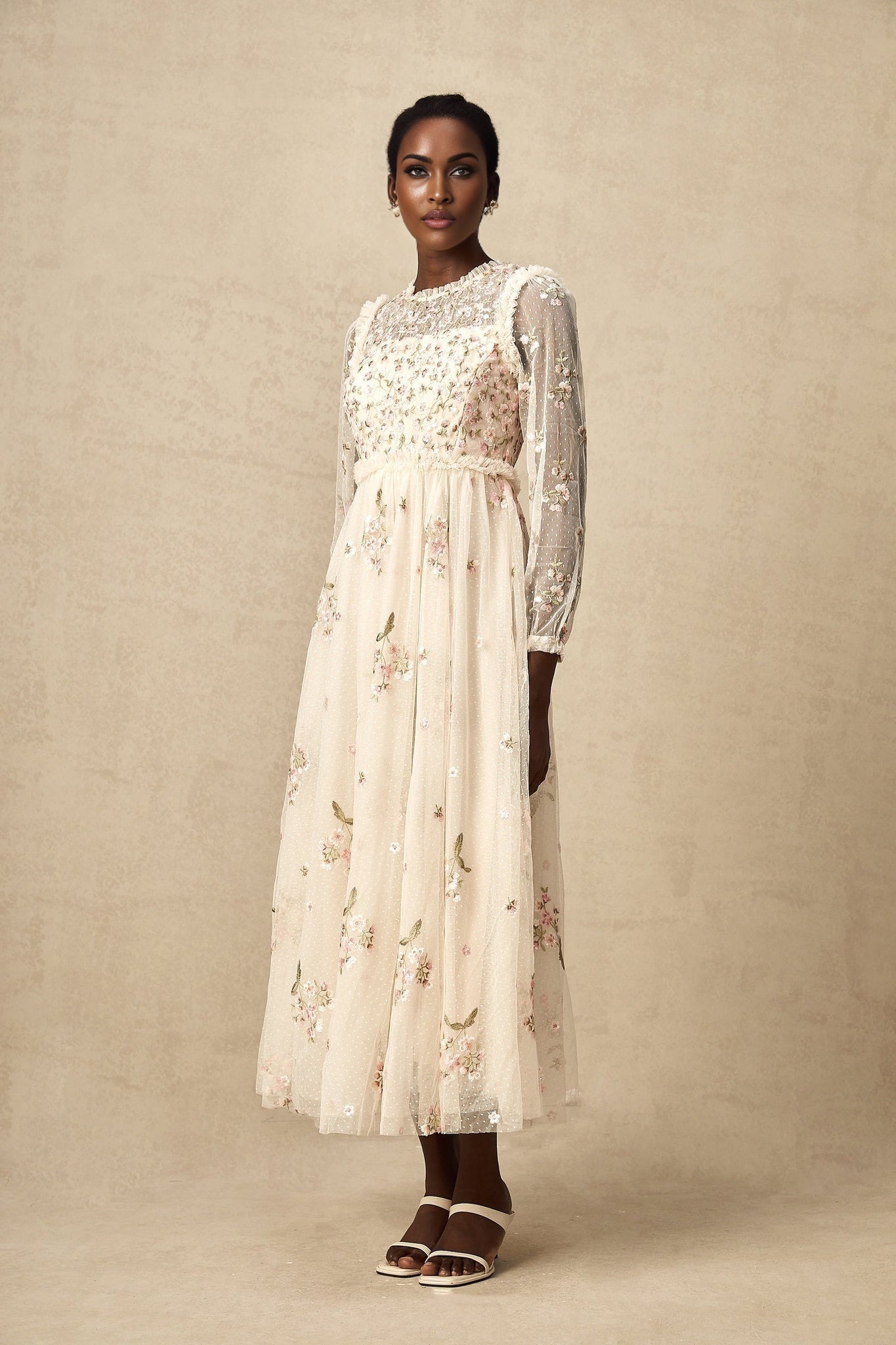 Diletta Midi Dress – Tulle – Floral Embroidery – Ruffle Detailing