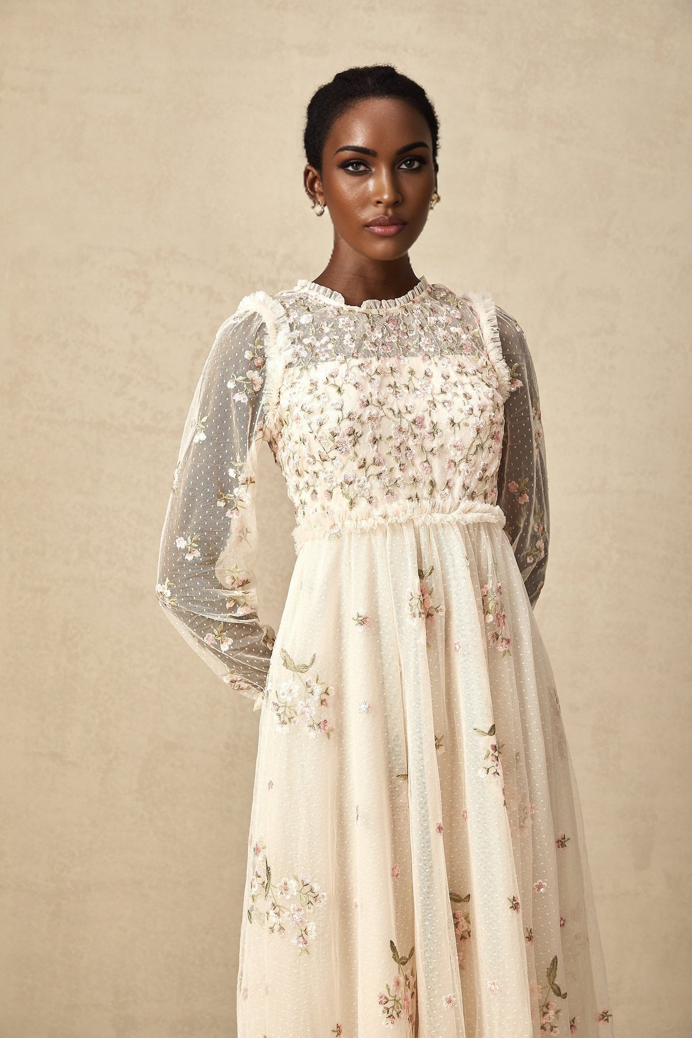 Diletta Midi Dress – Tulle – Floral Embroidery – Ruffle Detailing