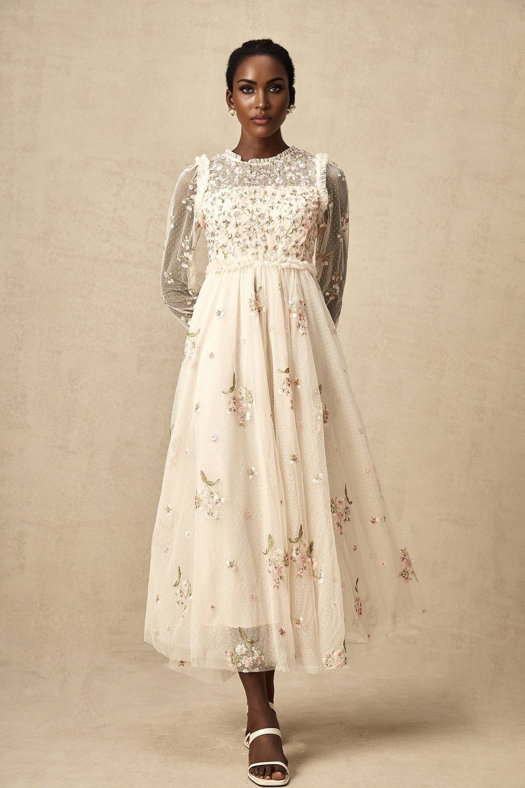 Diletta Midi Dress – Tulle – Floral Embroidery – Ruffle Detailing
