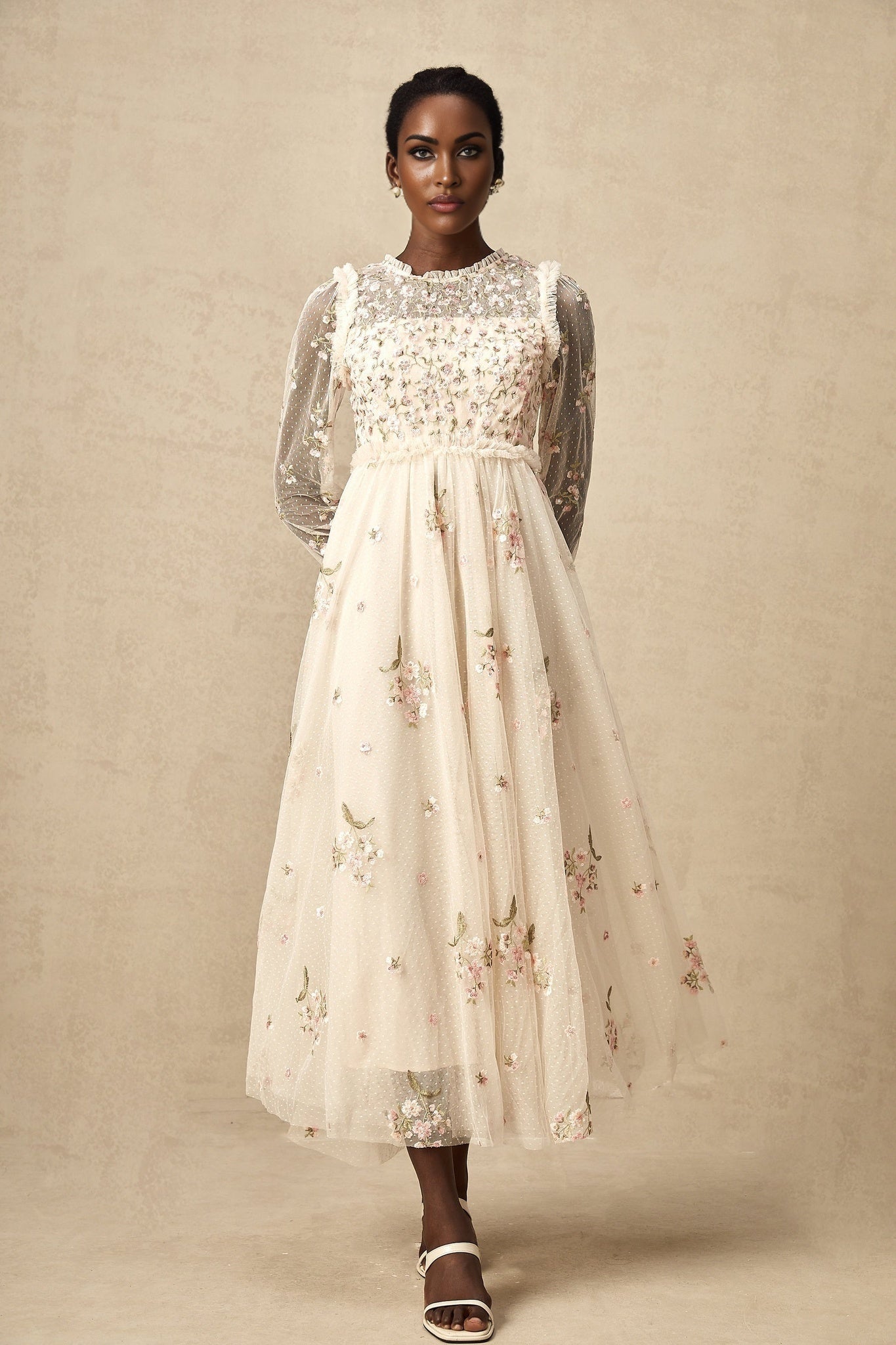 Diletta Midi Dress – Tulle – Floral Embroidery – Ruffle Detailing