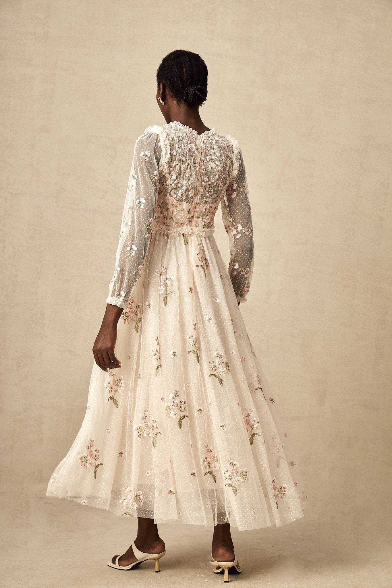 Diletta Midi Dress – Tulle – Floral Embroidery – Ruffle Detailing