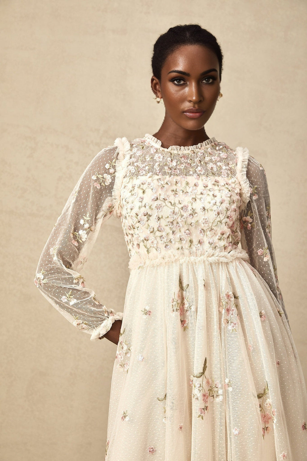 Diletta Midi Dress – Tulle – Floral Embroidery – Ruffle Detailing