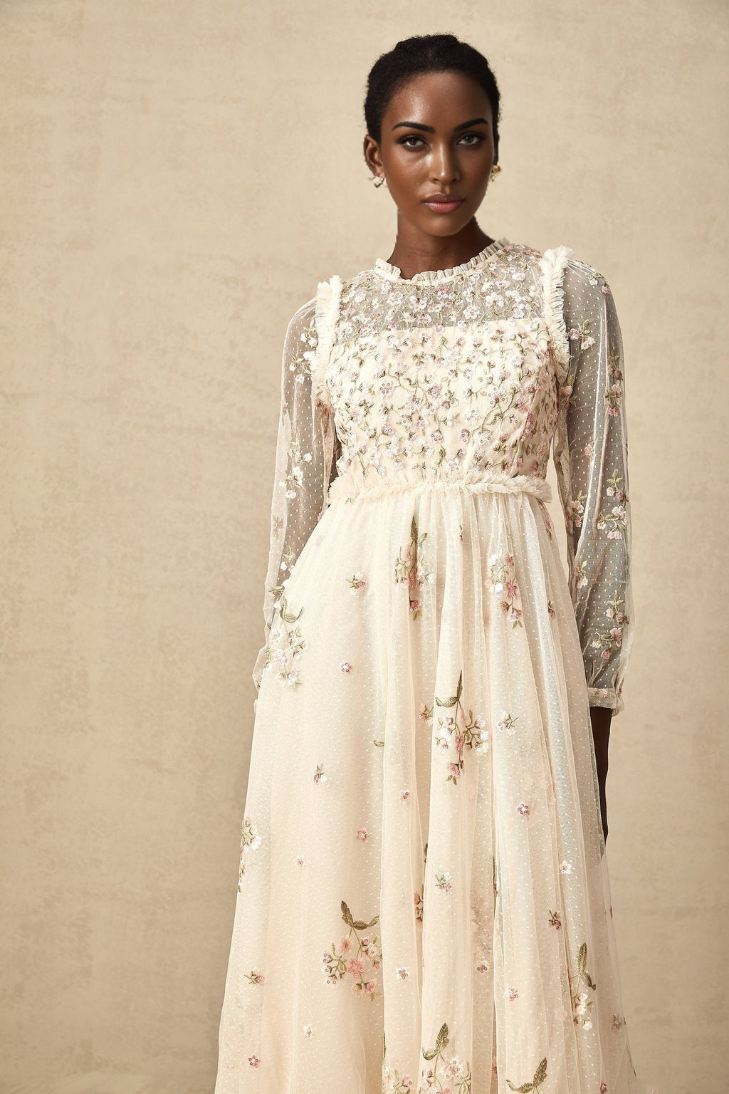 Diletta Midi Dress – Tulle – Floral Embroidery – Ruffle Detailing