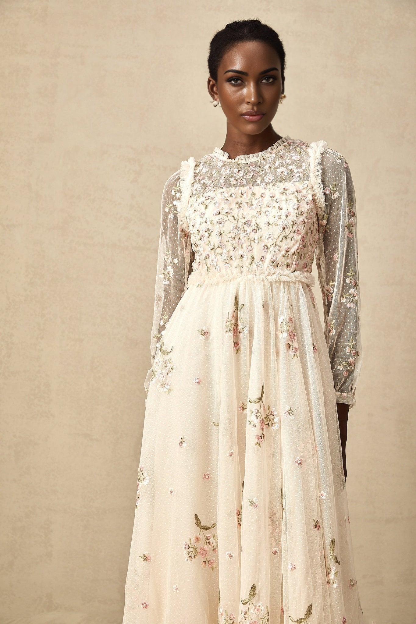 Diletta Midi Dress – Tulle – Floral Embroidery – Ruffle Detailing