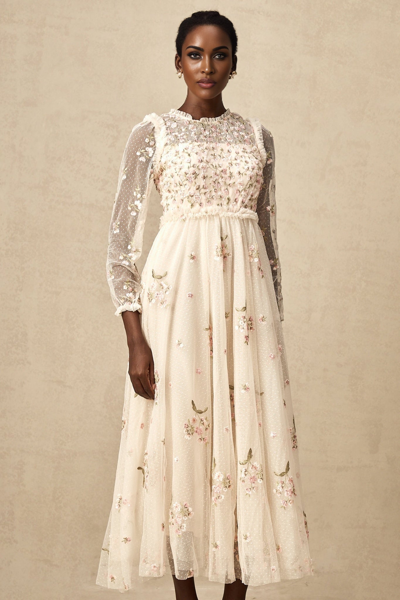 Diletta Midi Dress – Tulle – Floral Embroidery – Ruffle Detailing