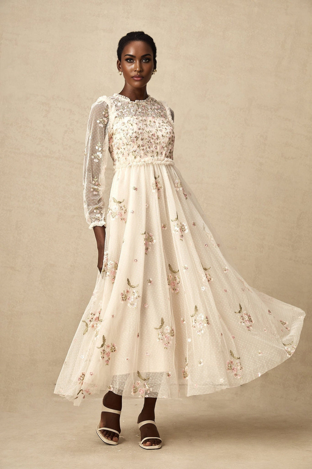 Diletta Midi Dress – Tulle – Floral Embroidery – Ruffle Detailing