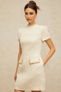 Diletta Mini Dress White Tweed Pearl Sequin Embellished Pockets Zip Thigh