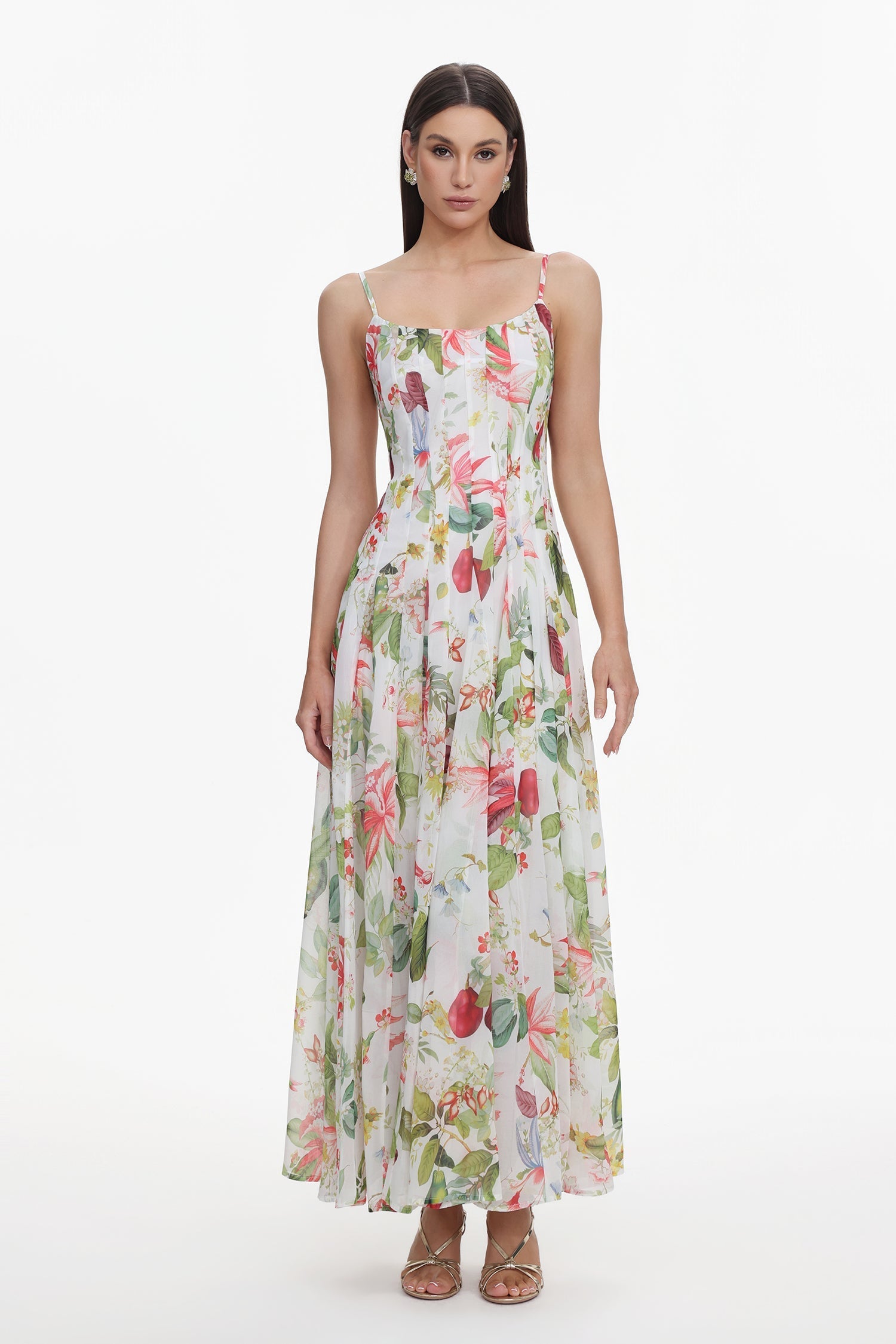 Diletta White Floral Maxi Dress Summer Sleeveless Spaghetti Straps