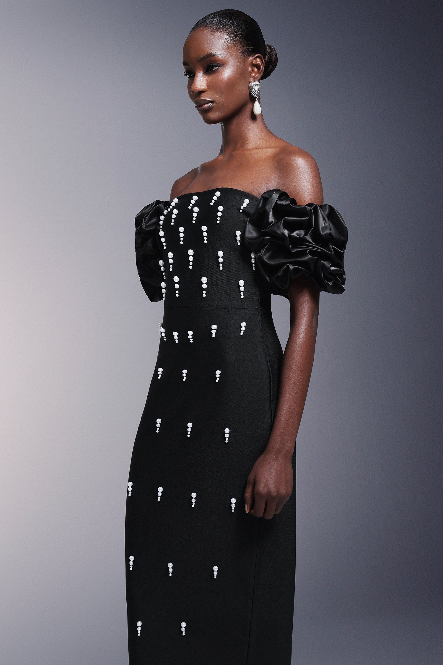 Domenica Black Bandage Maxi Dress with Ruffled Sleeves and Pearl Detailing