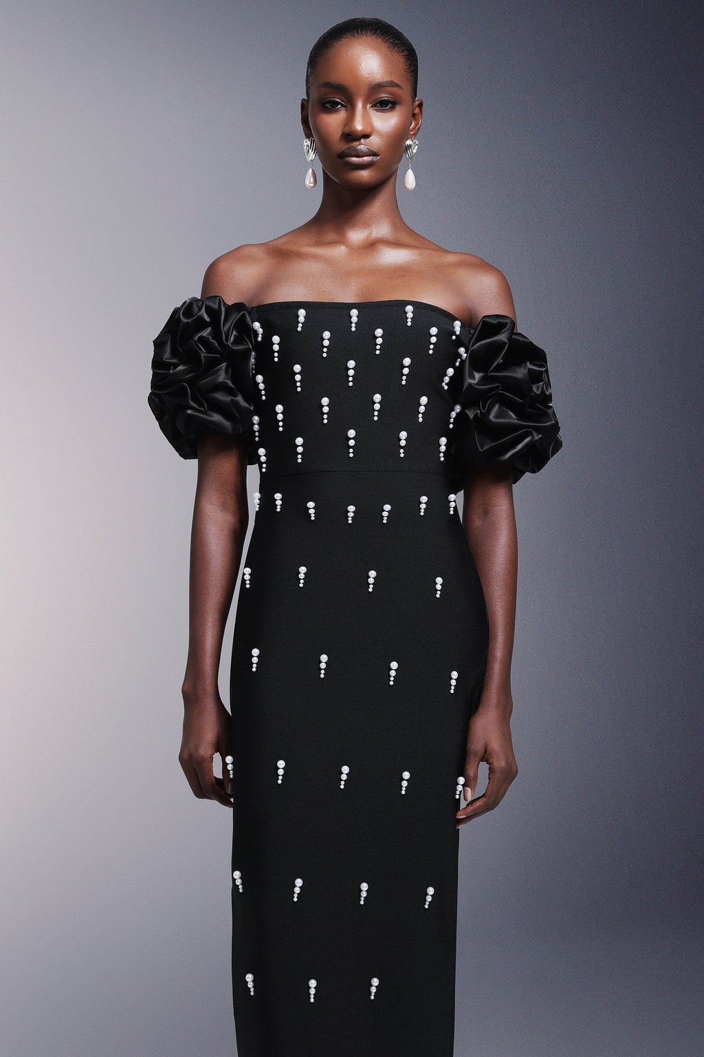 Domenica Black Bandage Maxi Dress with Ruffled Sleeves and Pearl Detailing