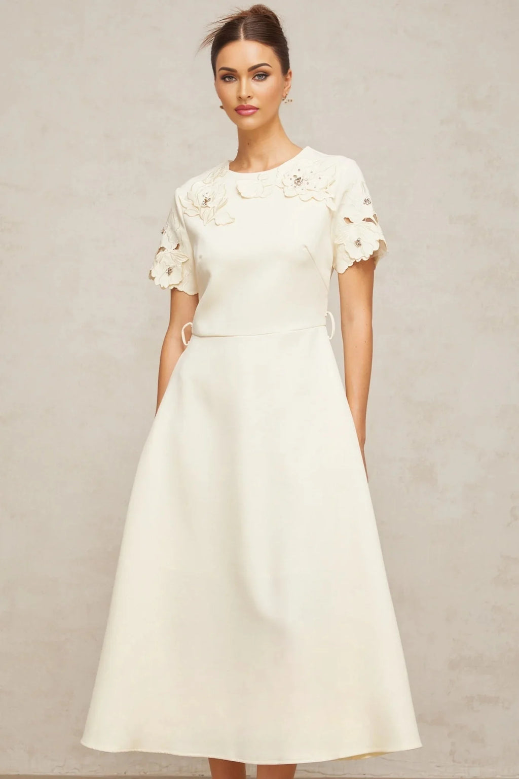 Domenica Midi Dress Neutrals Floral - Appliqu & Bead Embellishment