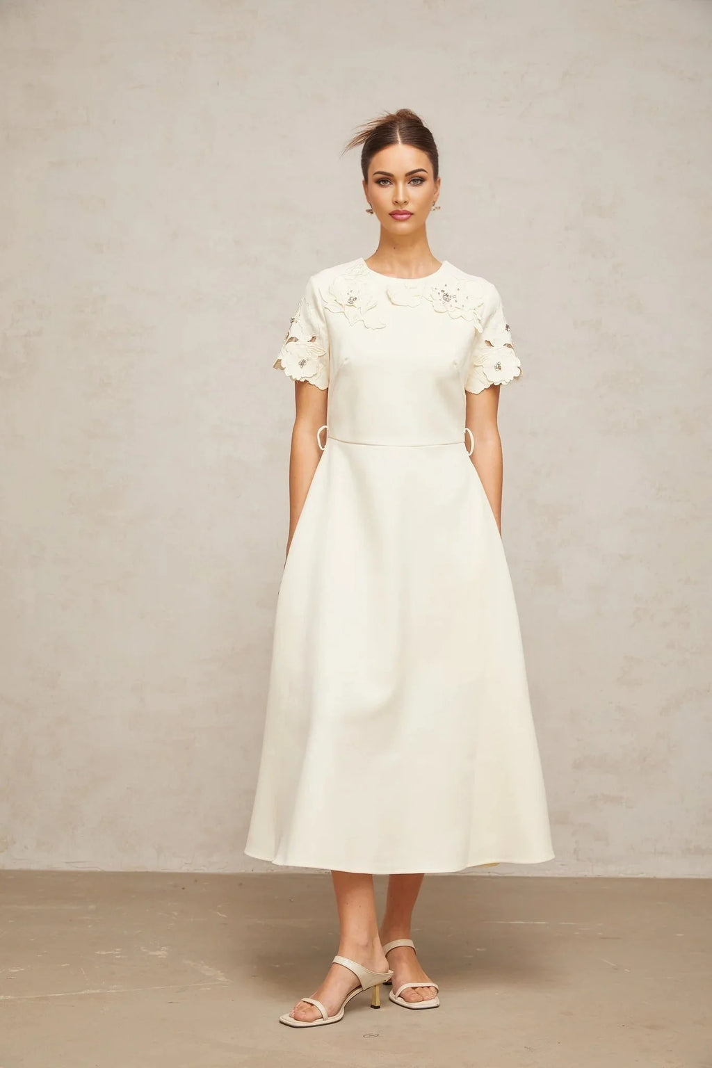 Domenica Midi Dress Neutrals Floral - Appliqu & Bead Embellishment