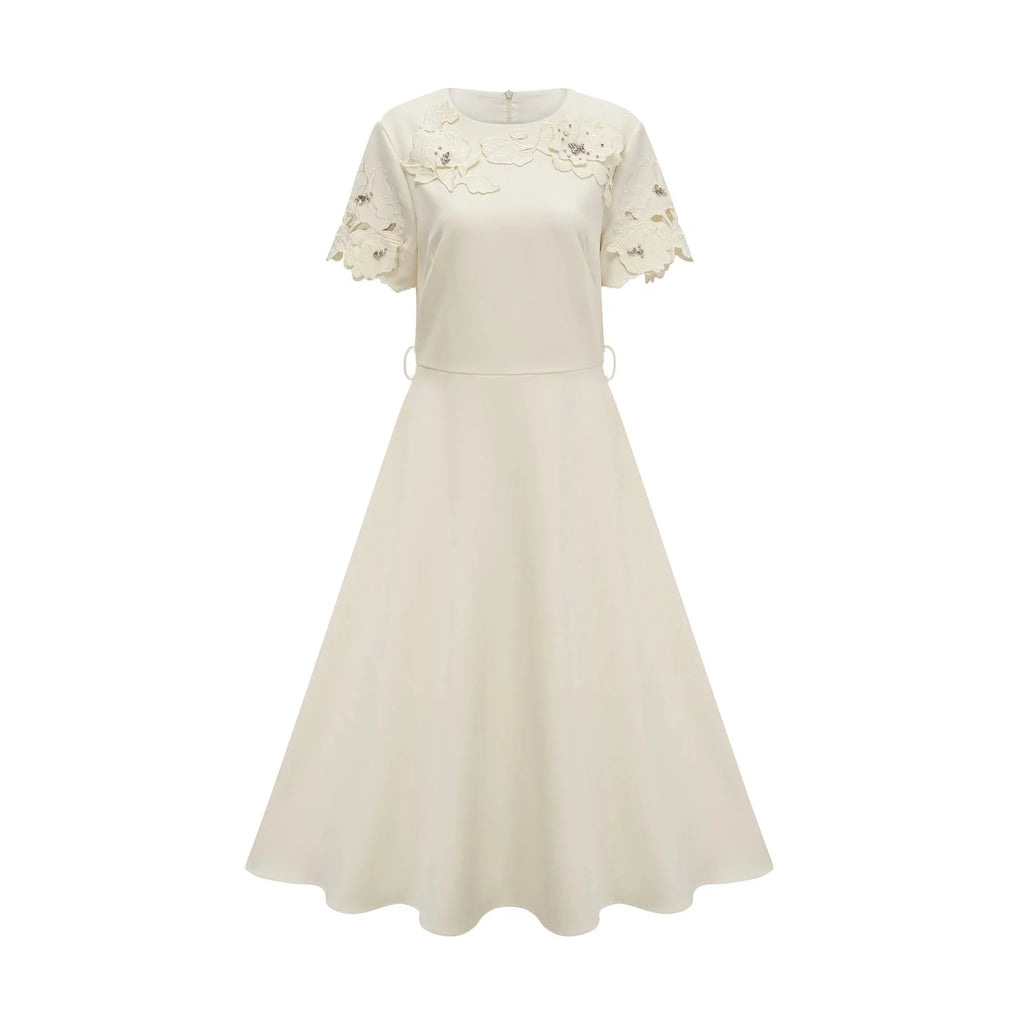 Domenica Midi Dress Neutrals Floral - Appliqu & Bead Embellishment