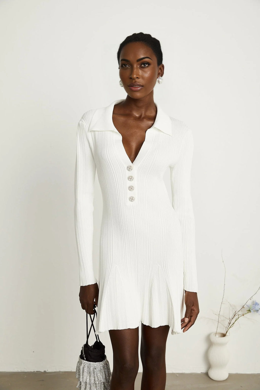 Domenica Mini Dress - Lapels - Long Sleeves - Knitted Construction - Button Fastening - Flared Hem