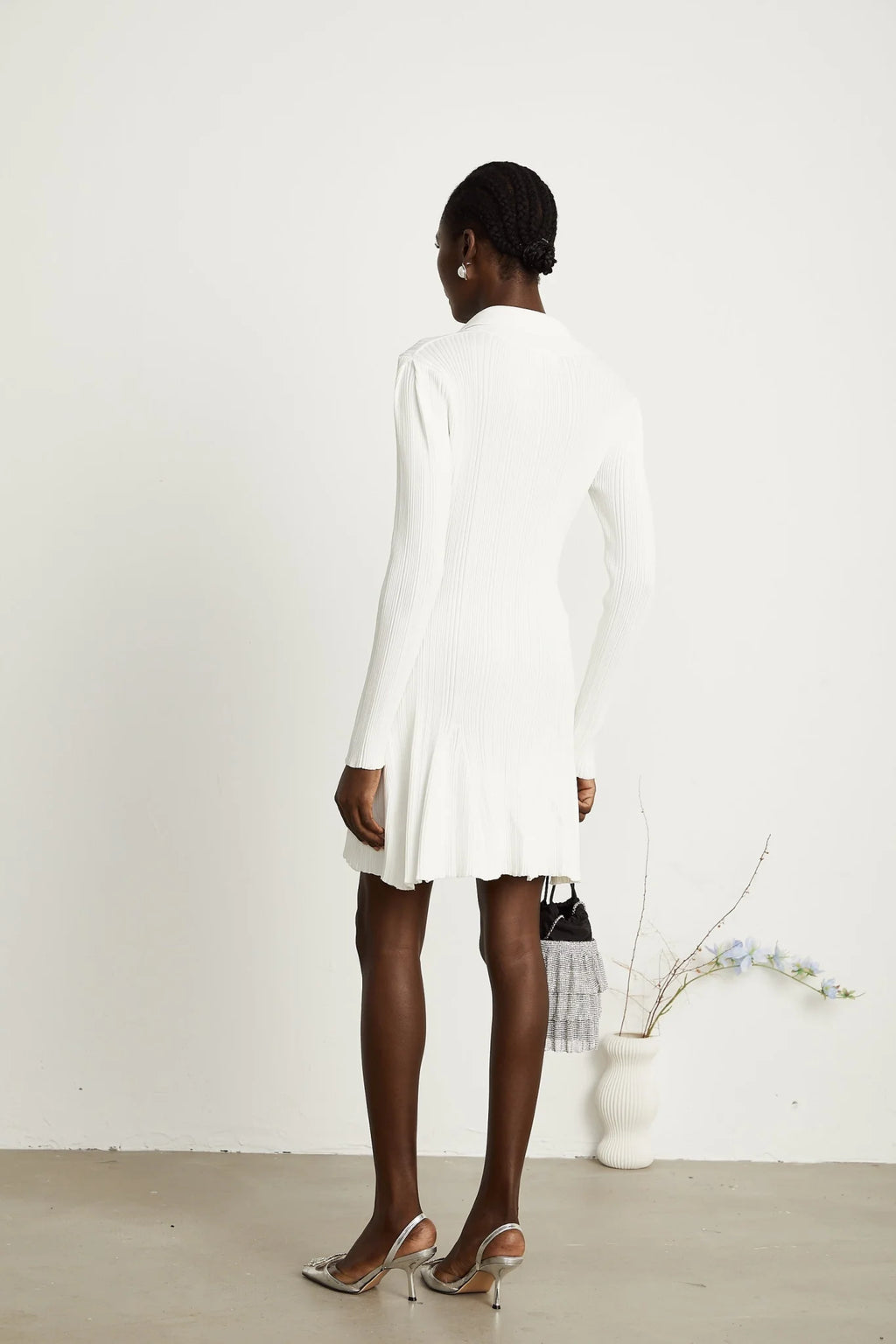 Domenica Mini Dress - Lapels - Long Sleeves - Knitted Construction - Button Fastening - Flared Hem