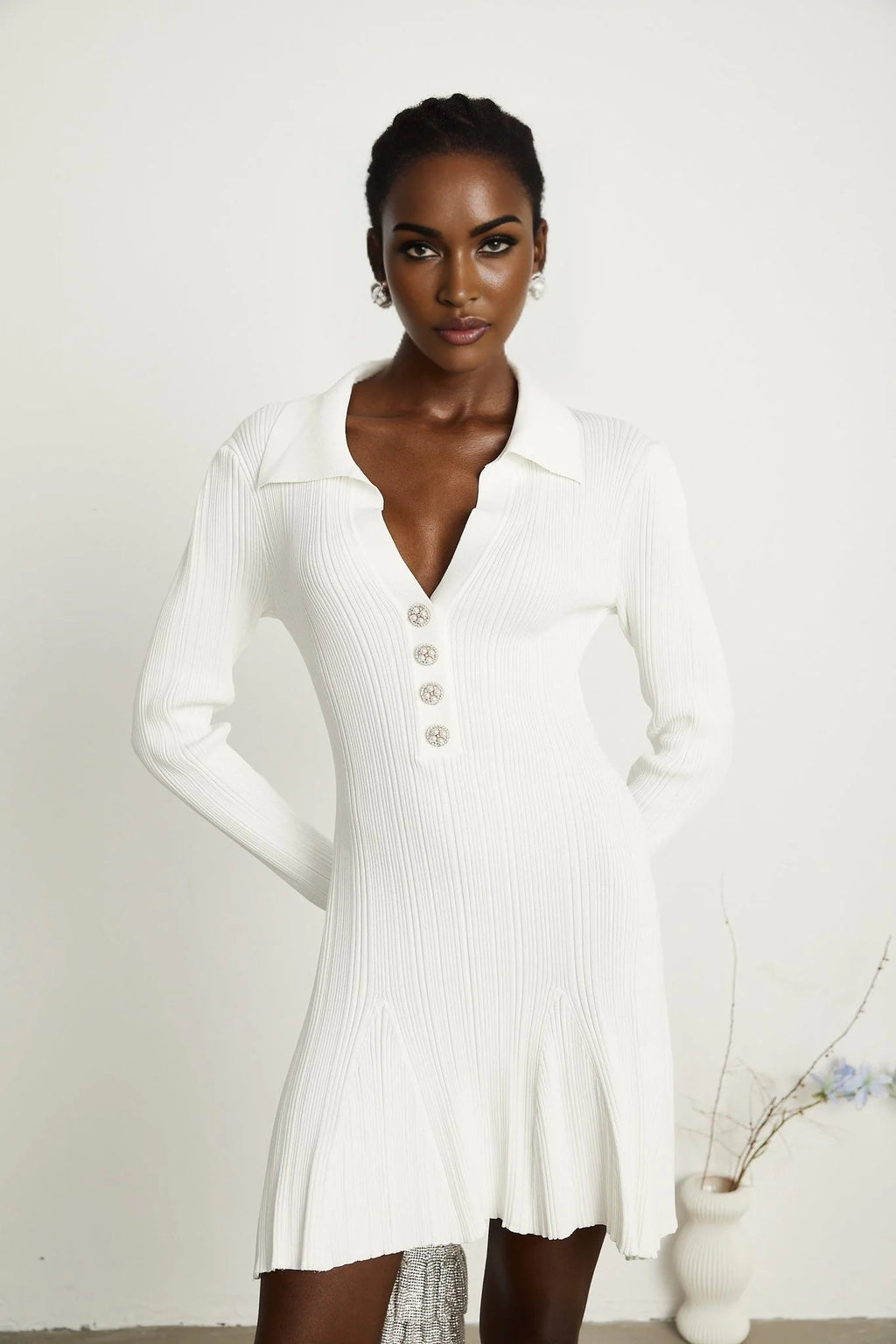 Domenica Mini Dress - Lapels - Long Sleeves - Knitted Construction - Button Fastening - Flared Hem