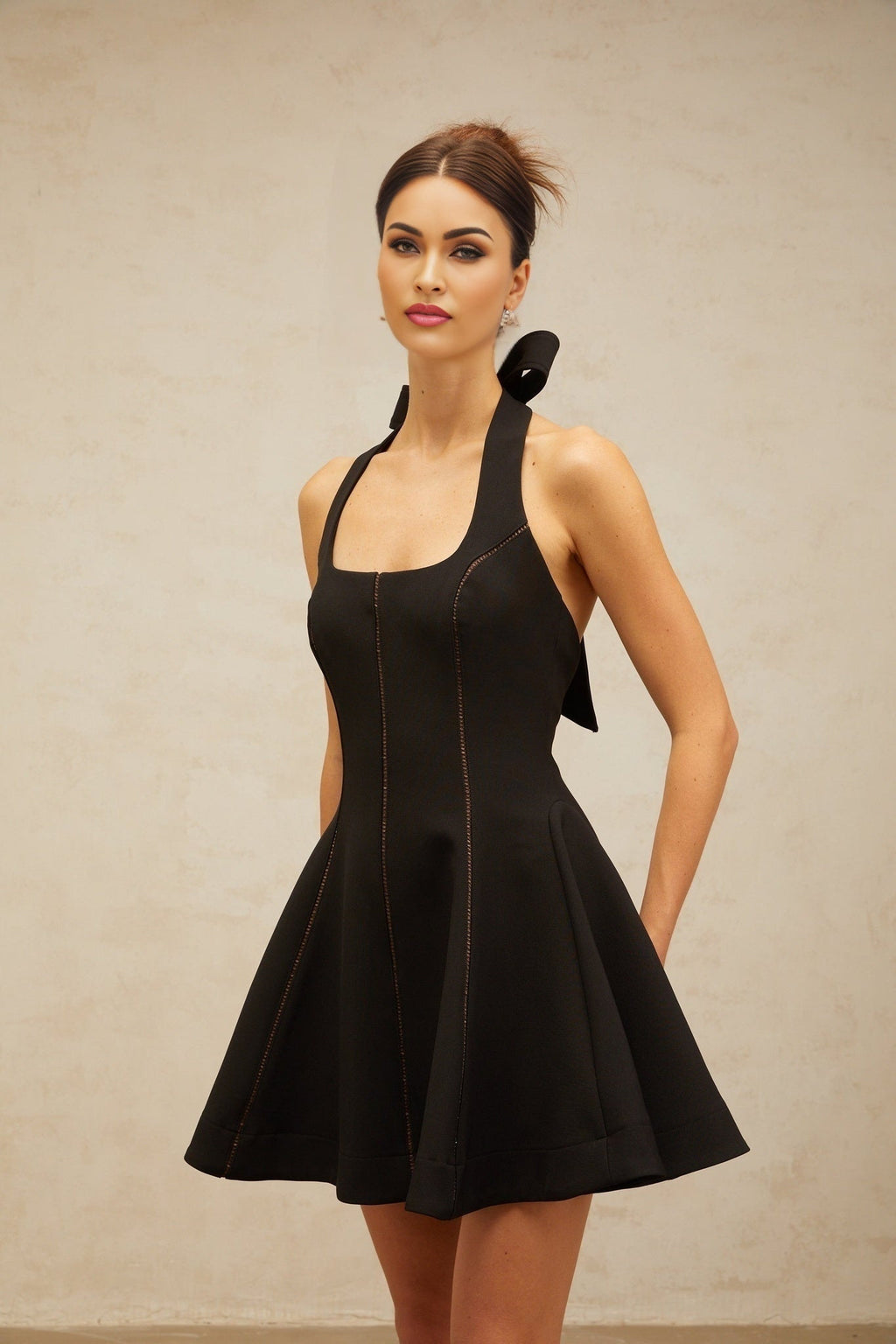Domenica Mini Dress - Sleeveless Halterneck - Pleated Detailing - Flared Skirt - Fitted Silhouette - Neck Tie Fastening
