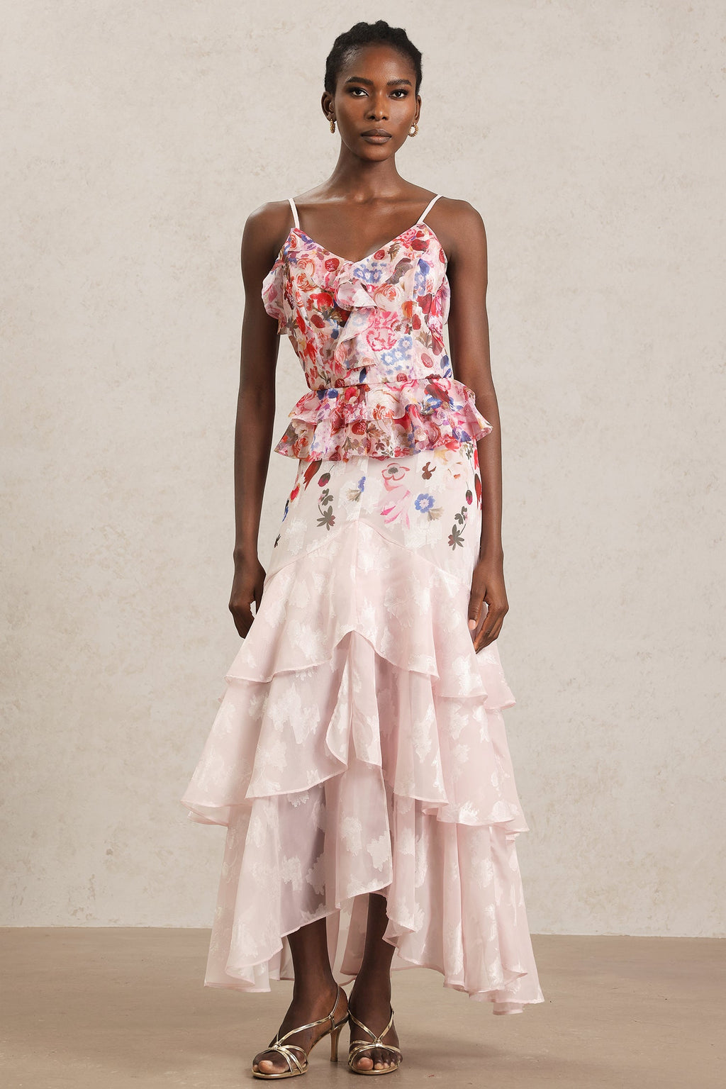 Domenica Pink Floral Ruffle Halter Dress