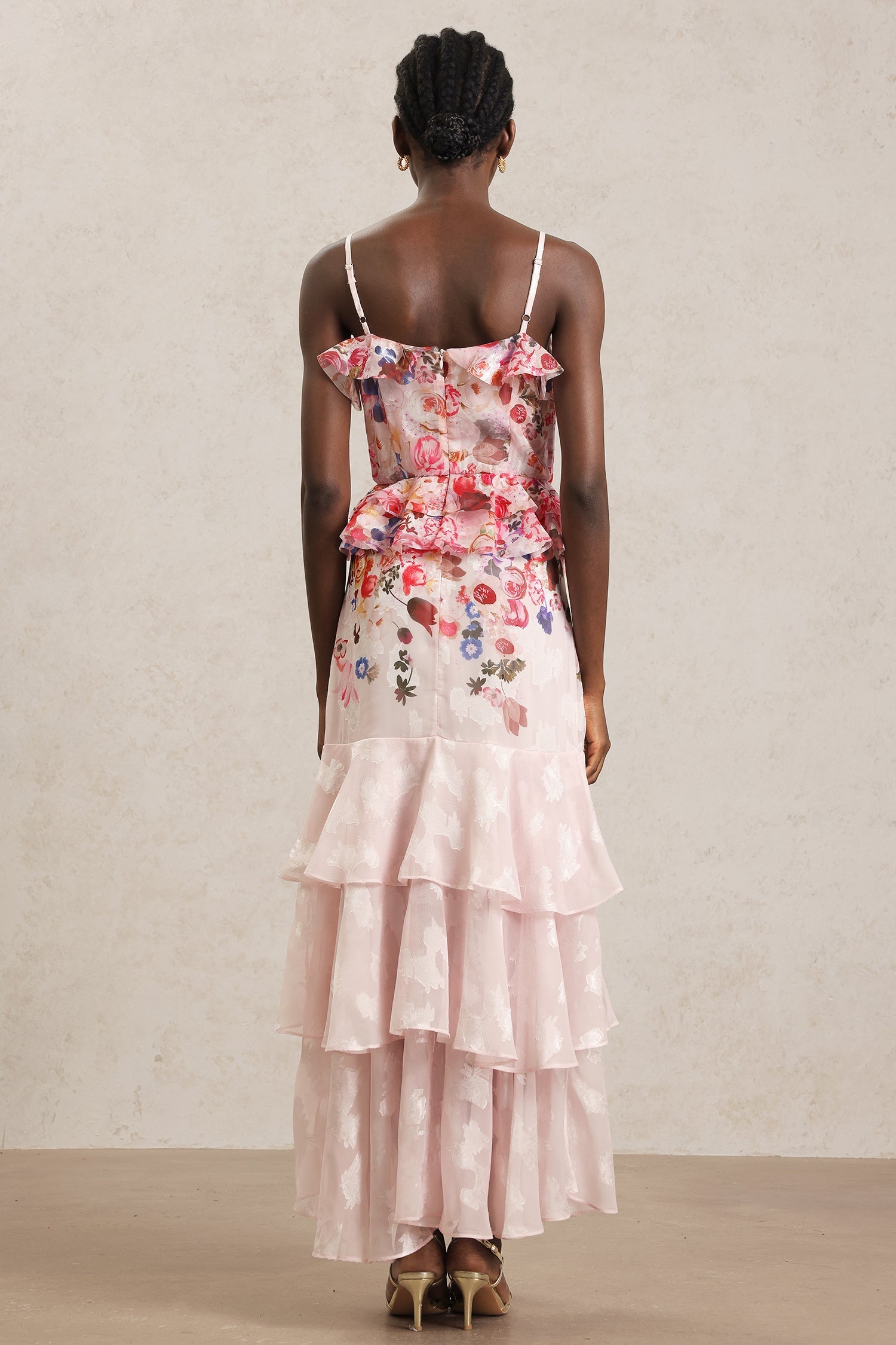Domenica Pink Floral Ruffle Halter Dress