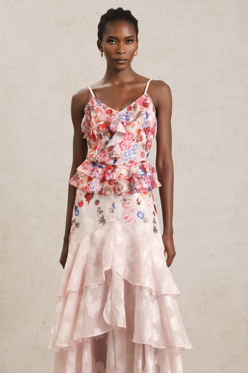Domenica Pink Floral Ruffle Halter Dress