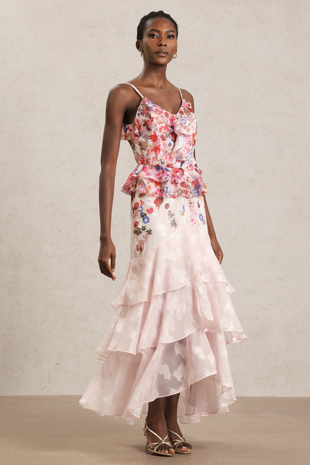 Domenica Pink Floral Ruffle Halter Dress for Garden Parties Weddings or Evening Strolls