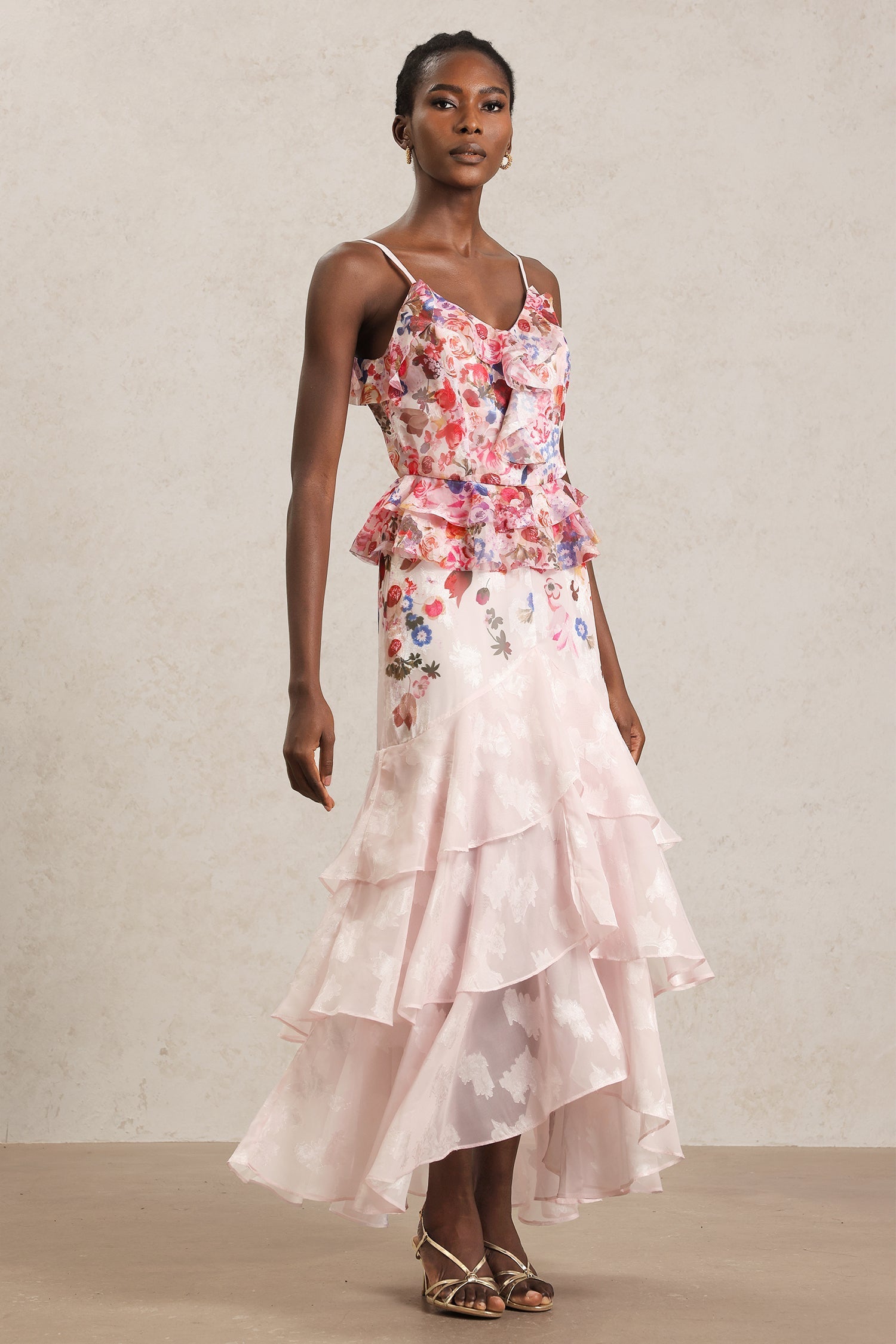 Domenica Pink Floral Ruffle Halter Dress for Garden Parties Weddings or Evening Strolls
