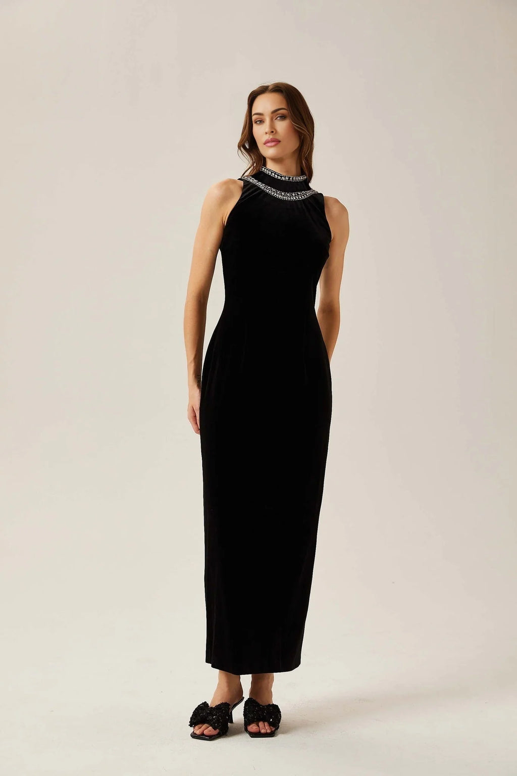 Domenica Velvet Maxi Dress – Open Back – Crystal Embellishment – Sleeveless – Mock Neck