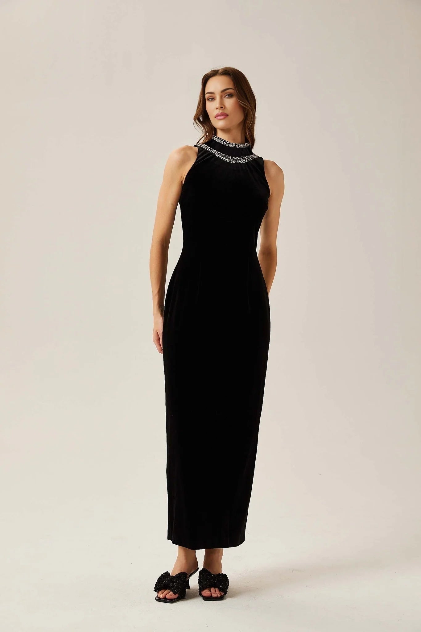 Domenica Velvet Maxi Dress – Open Back – Crystal Embellishment – Sleeveless – Mock Neck
