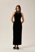Domenica Velvet Maxi Dress – Open Back – Crystal Embellishment – Sleeveless – Mock Neck