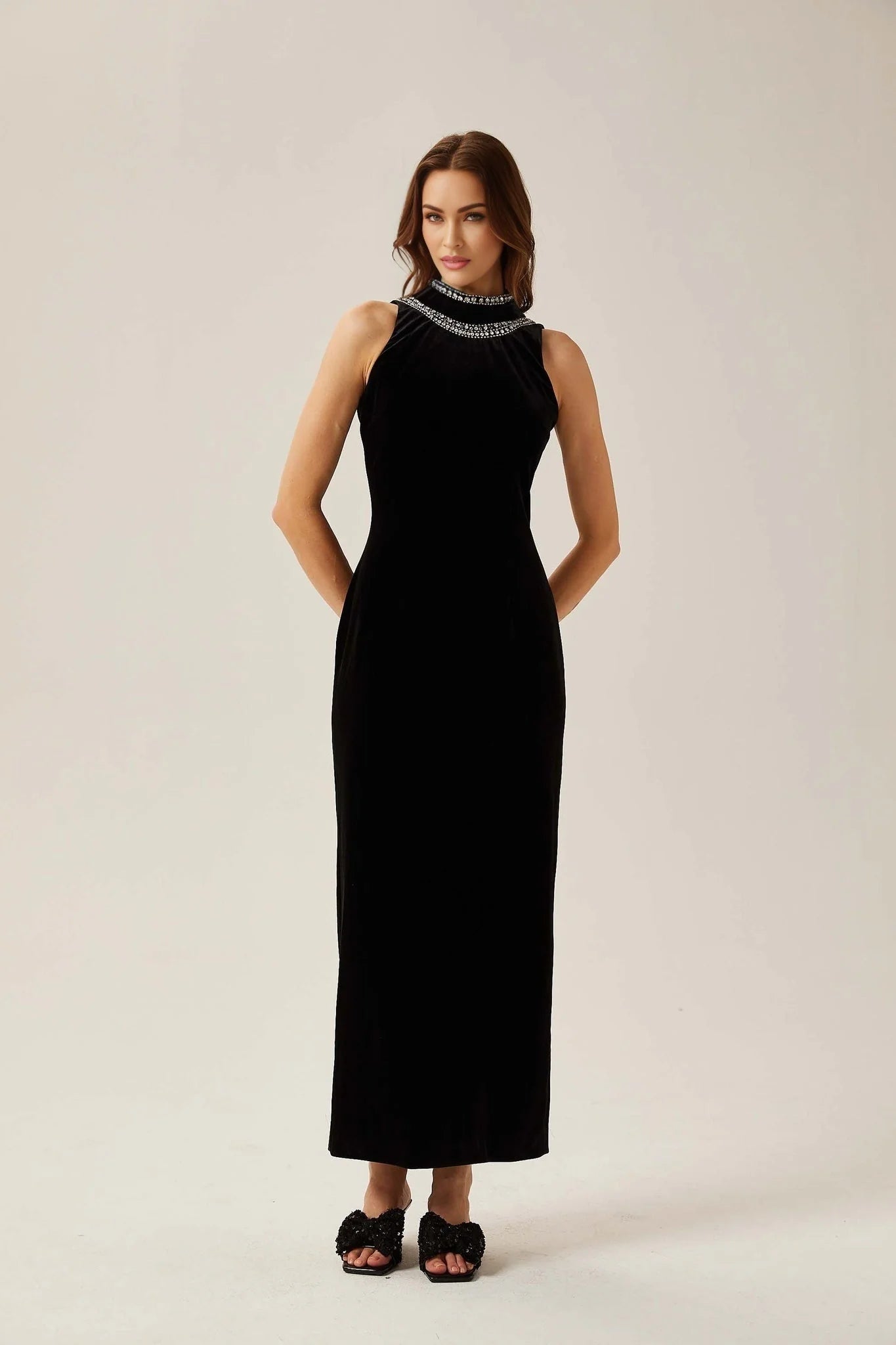 Domenica Velvet Maxi Dress – Open Back – Crystal Embellishment – Sleeveless – Mock Neck