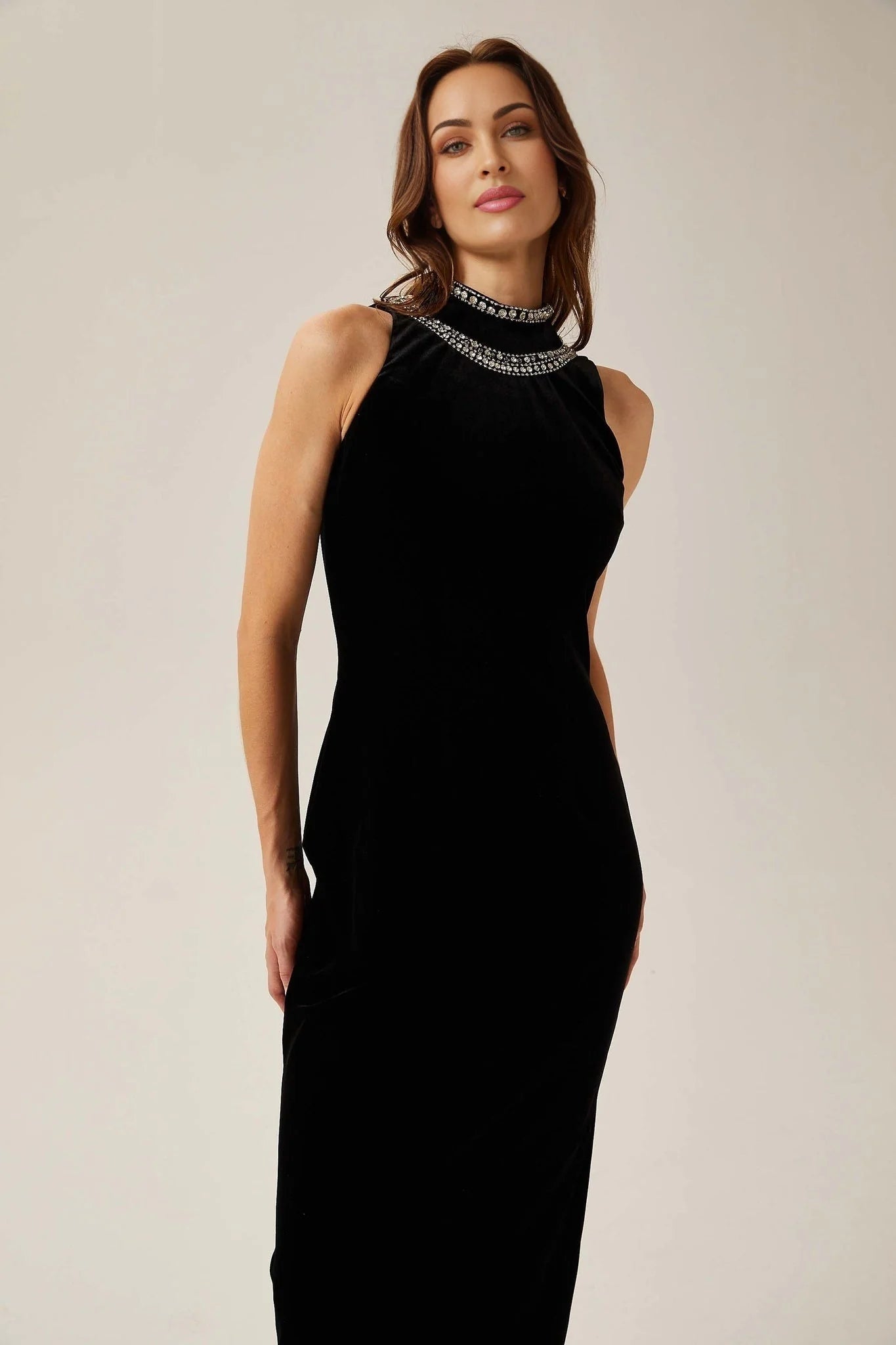 Domenica Velvet Maxi Dress – Open Back – Crystal Embellishment – Sleeveless – Mock Neck