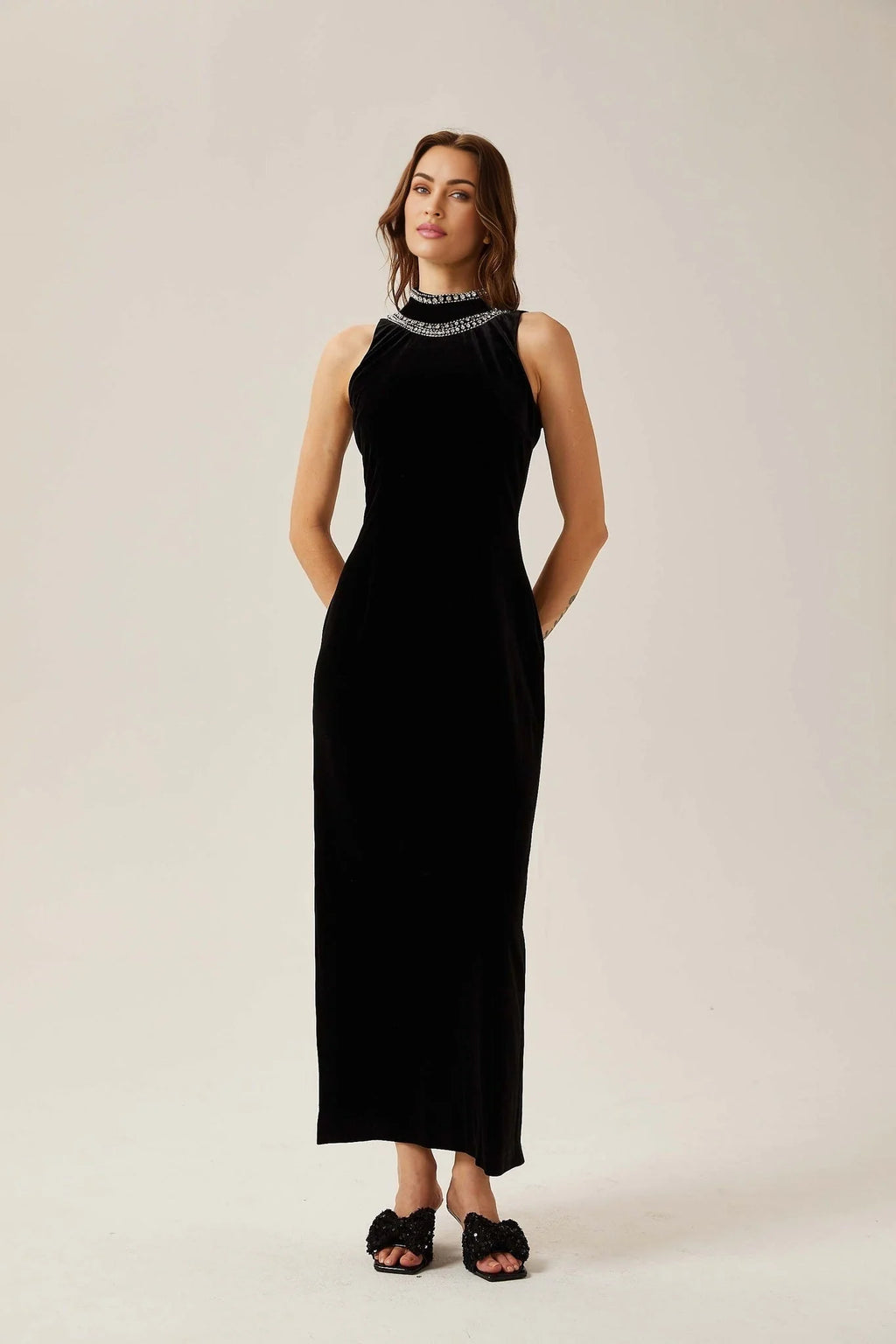 Domenica Velvet Maxi Dress – Open Back – Crystal Embellishment – Sleeveless – Mock Neck
