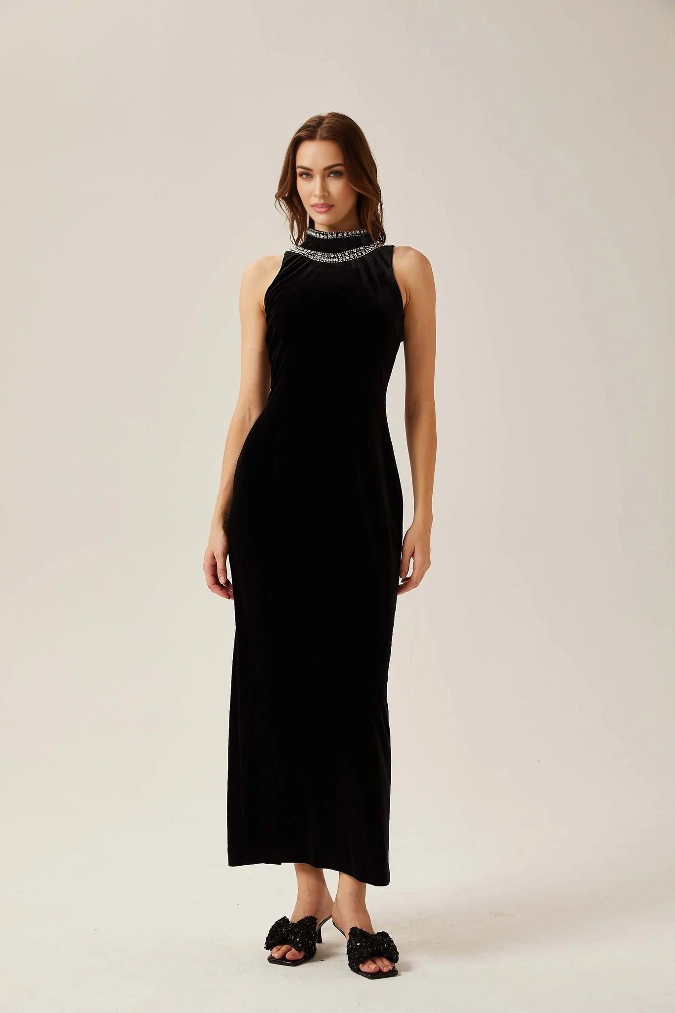 Domenica Velvet Maxi Dress – Open Back – Crystal Embellishment – Sleeveless – Mock Neck