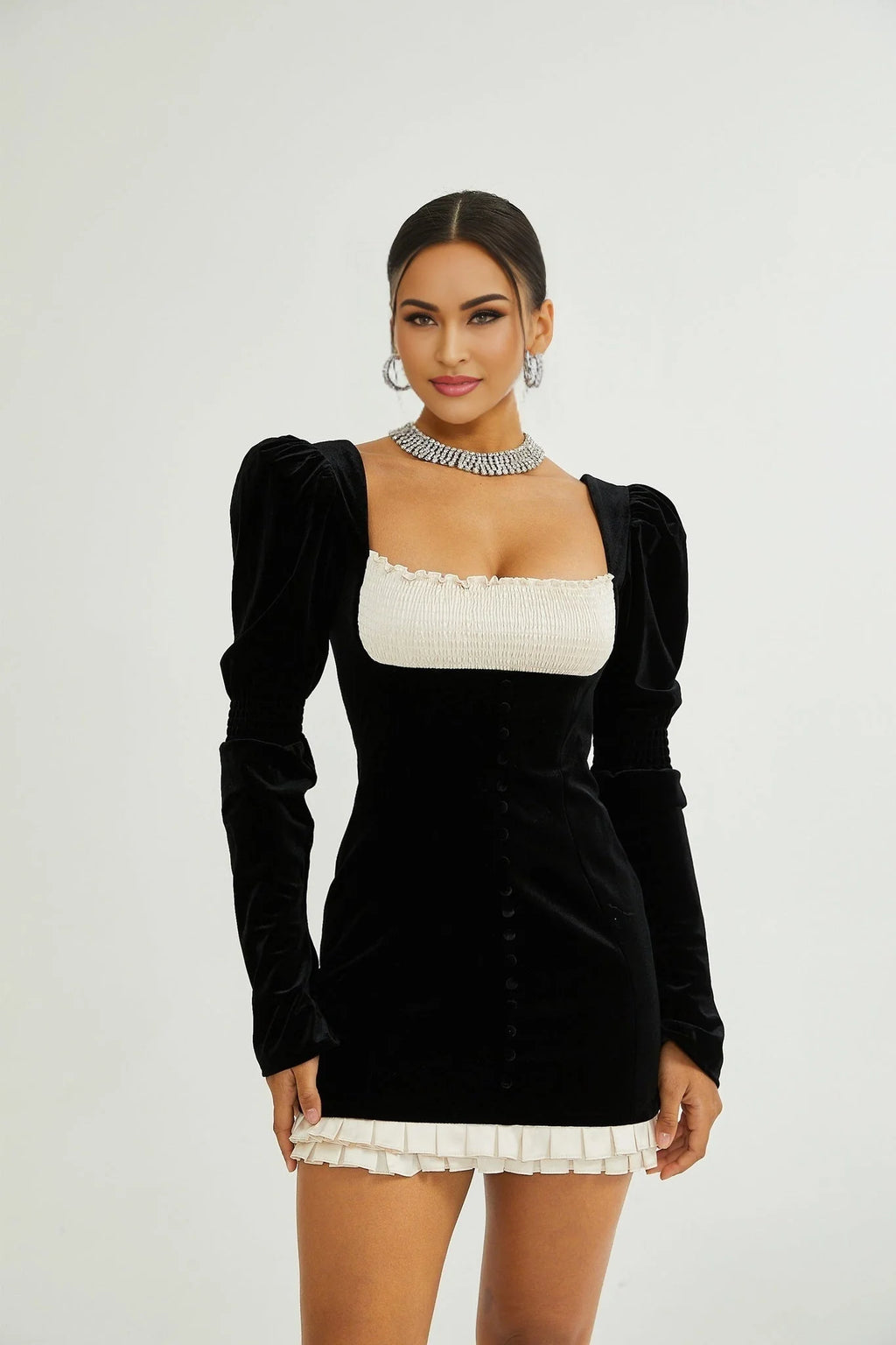 Donatella Long Sleeve Mini Dress - Square Neck - Pleated Design - Front Button Decoration - Rear Zip Fastening