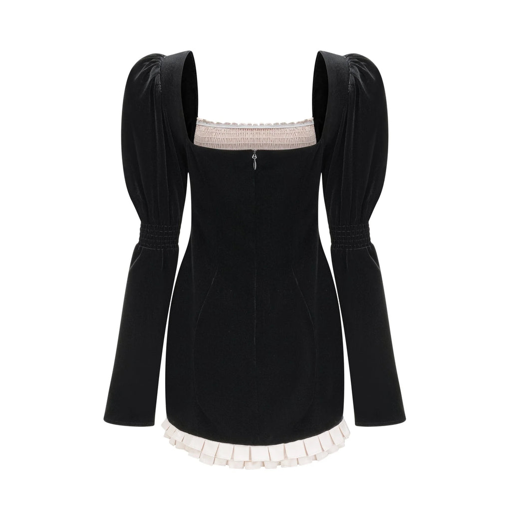 Donatella Long Sleeve Mini Dress - Square Neck - Pleated Design - Front Button Decoration - Rear Zip Fastening
