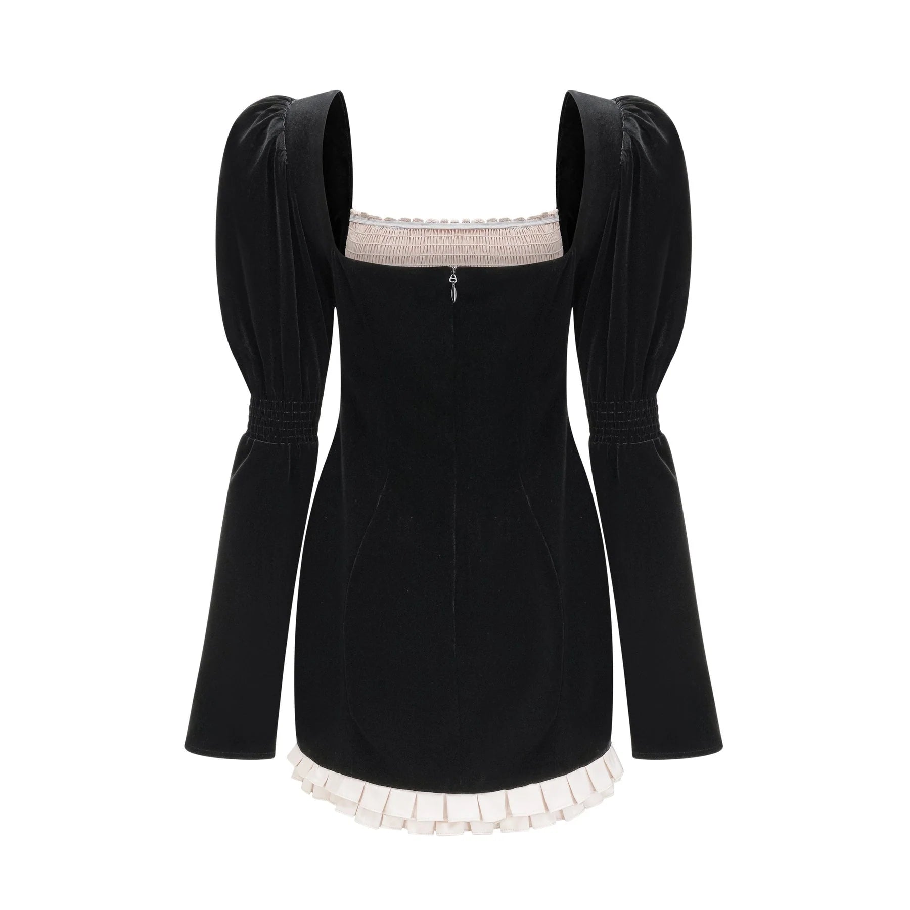 Donatella Long Sleeve Mini Dress - Square Neck - Pleated Design - Front Button Decoration - Rear Zip Fastening
