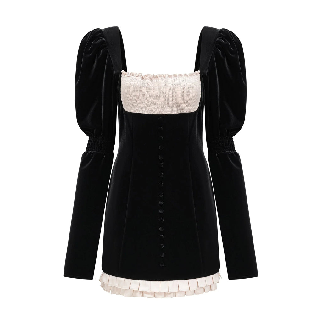 Donatella Long Sleeve Mini Dress - Square Neck - Pleated Design - Front Button Decoration - Rear Zip Fastening