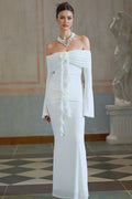 Donatella Maxi Dress - Off the Shoulder - Flared Cuffs - Floral Appliqué - Glitter Detailing - Mermaid Hem