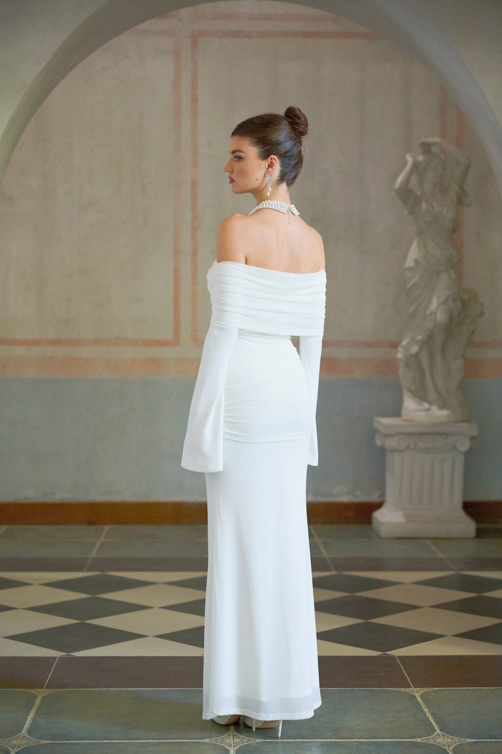 Donatella Maxi Dress - Off the Shoulder - Flared Cuffs - Floral Appliqué - Glitter Detailing - Mermaid Hem
