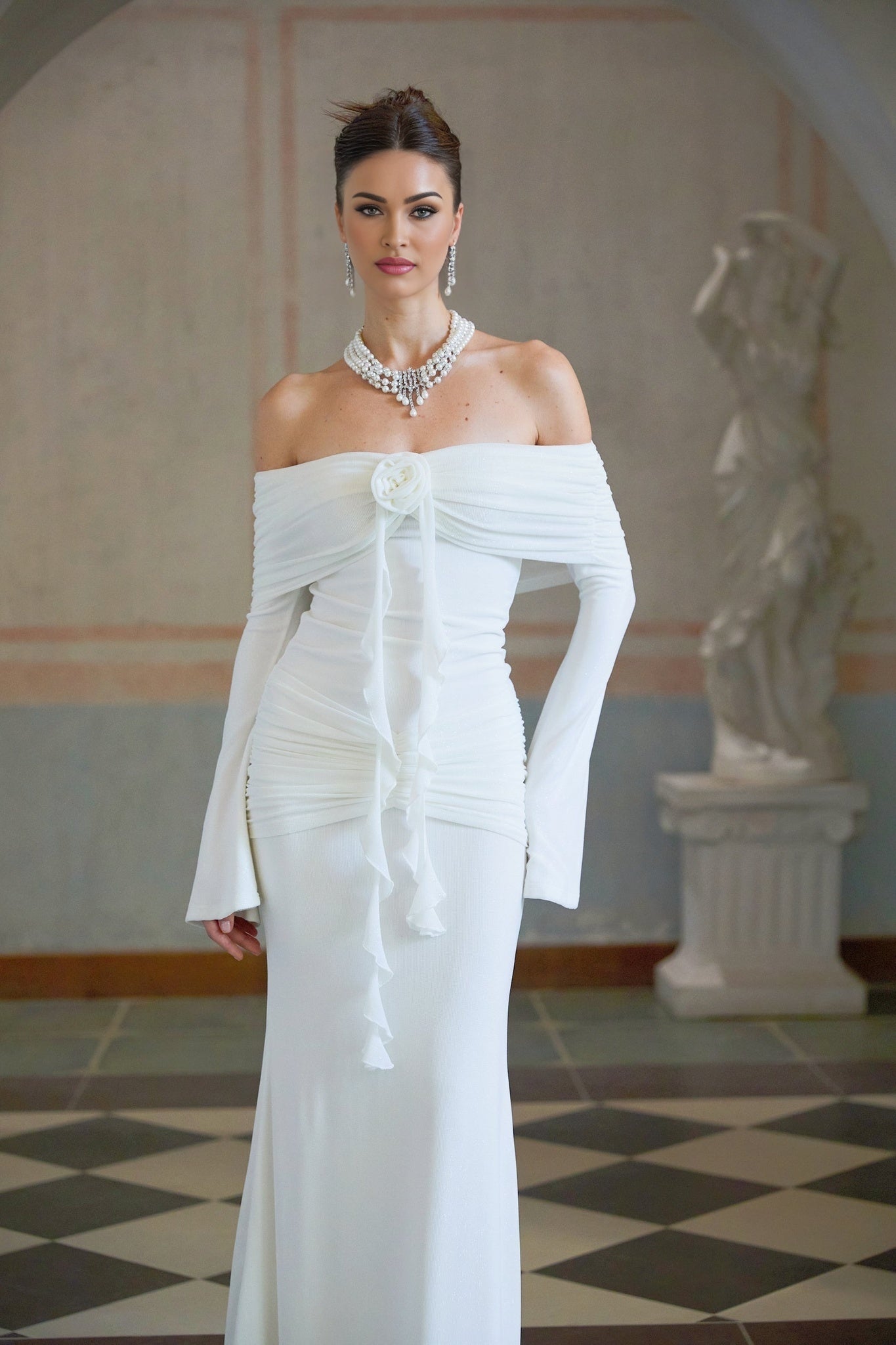 Donatella Maxi Dress - Off the Shoulder - Flared Cuffs - Floral Appliqué - Glitter Detailing - Mermaid Hem